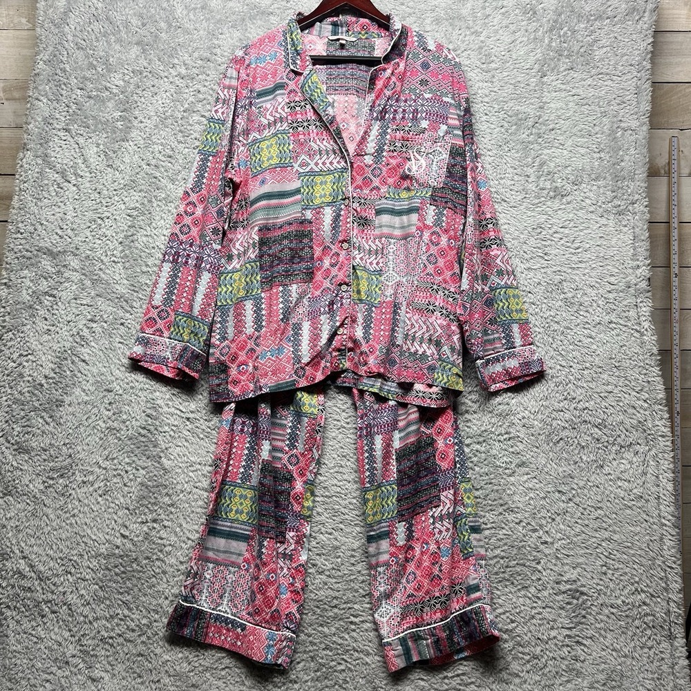 Victorias Secret Pajama Set Womens XL Long Pink Patchwork Sleepwear Top Bottom